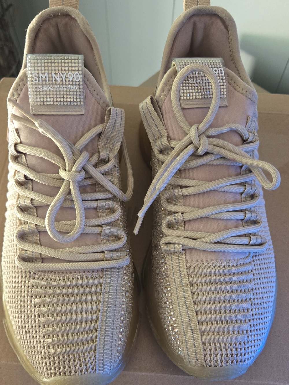 Steve Madden Women's Nude Knit Sneakers with Crystal Detailing